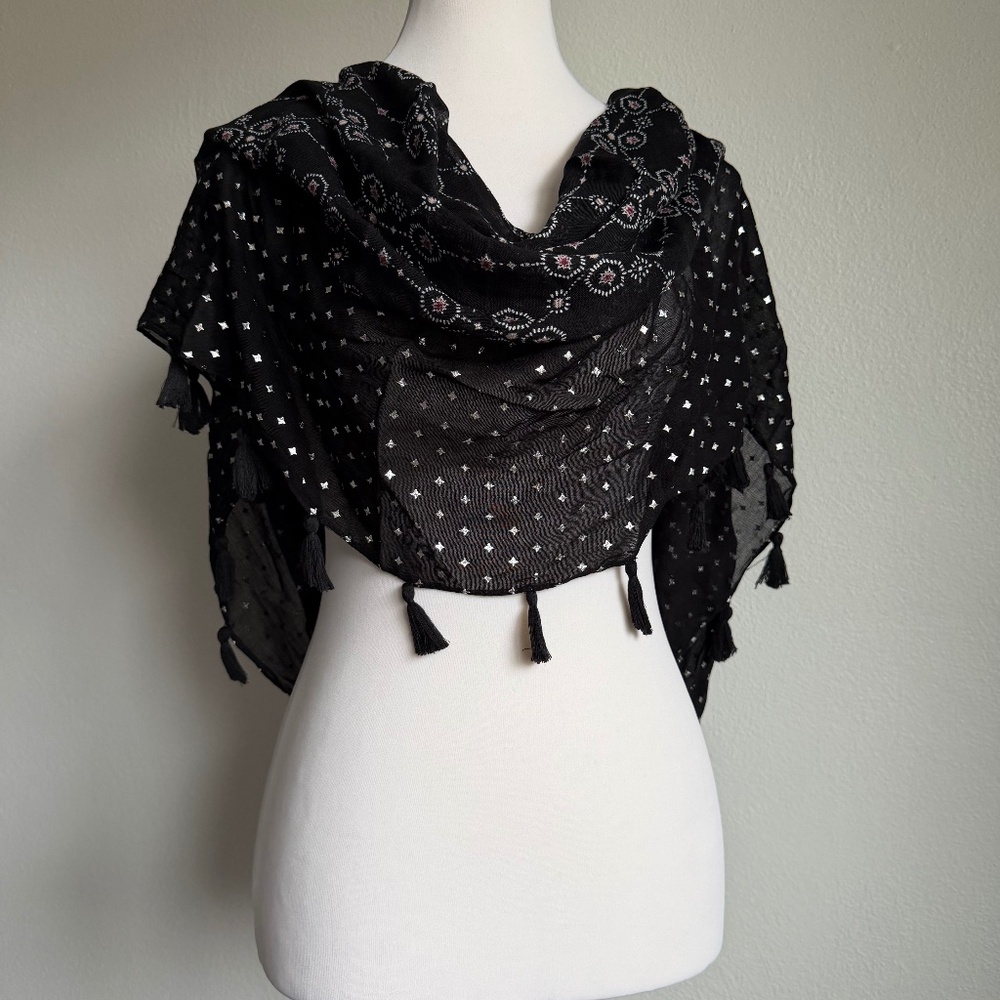 Unbranded Infinity Whimsygoth Tassel Metallic‎ Star Pink Print Black Scarf